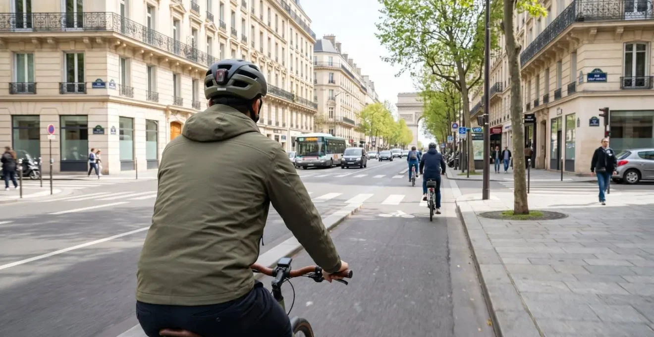 Un cycliste vu de dos pédale sur un vélo de ville dans une rue parisienne typique aux façades haussmaniennes, en pleine circulation urbaine contemporaine