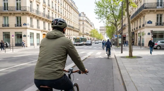 Un cycliste vu de dos pédale sur un vélo de ville dans une rue parisienne typique aux façades haussmaniennes, en pleine circulation urbaine contemporaine