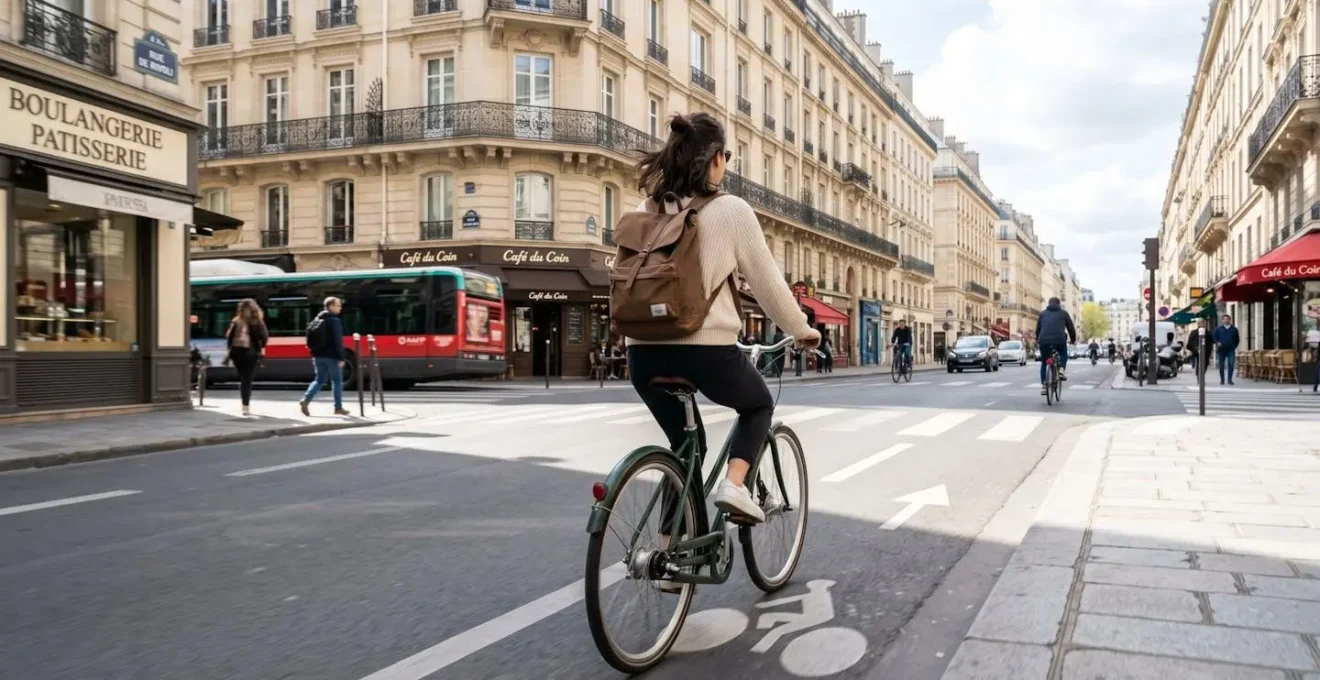 Un cycliste vu de dos pédale sur un vélo de ville dans une rue parisienne typique aux façades haussmaniennes, en pleine circulation urbaine contemporaine