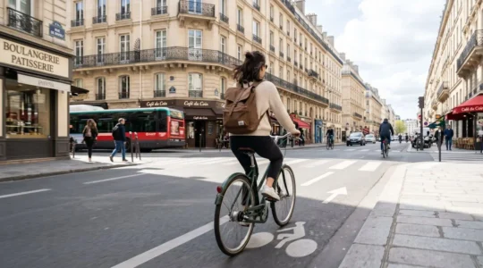 Un cycliste vu de dos pédale sur un vélo de ville dans une rue parisienne typique aux façades haussmaniennes, en pleine circulation urbaine contemporaine