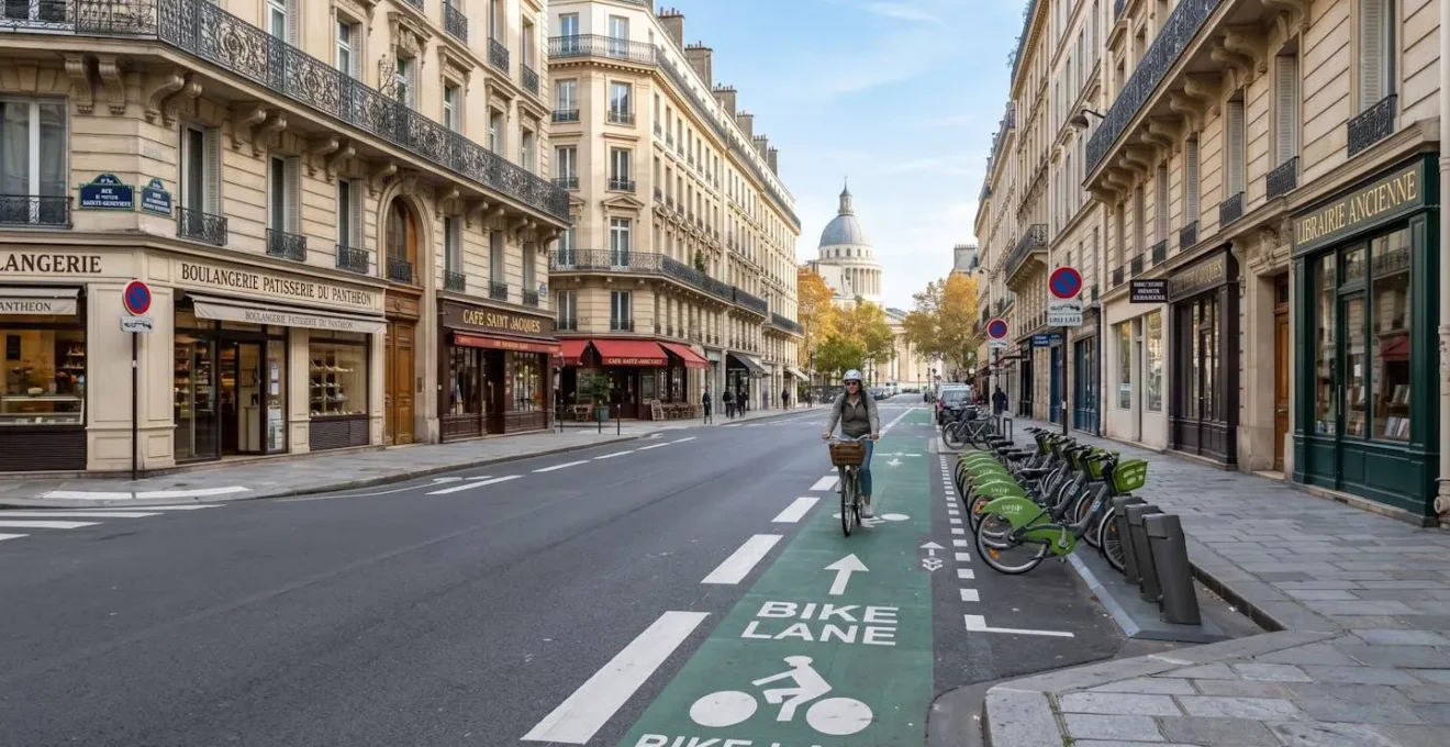 Rue calme du 5e arrondissement de Paris avec piste cyclable marquée au sol, arceaux de stationnement vélo et architecture haussmannienne typique en arrière-plan