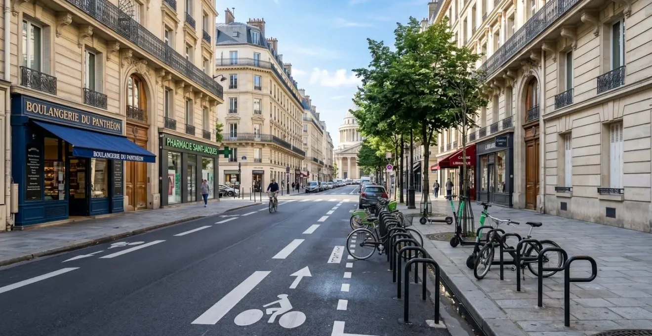 Rue calme du 5e arrondissement de Paris avec piste cyclable marquée au sol, arceaux de stationnement vélo et architecture haussmannienne typique en arrière-plan